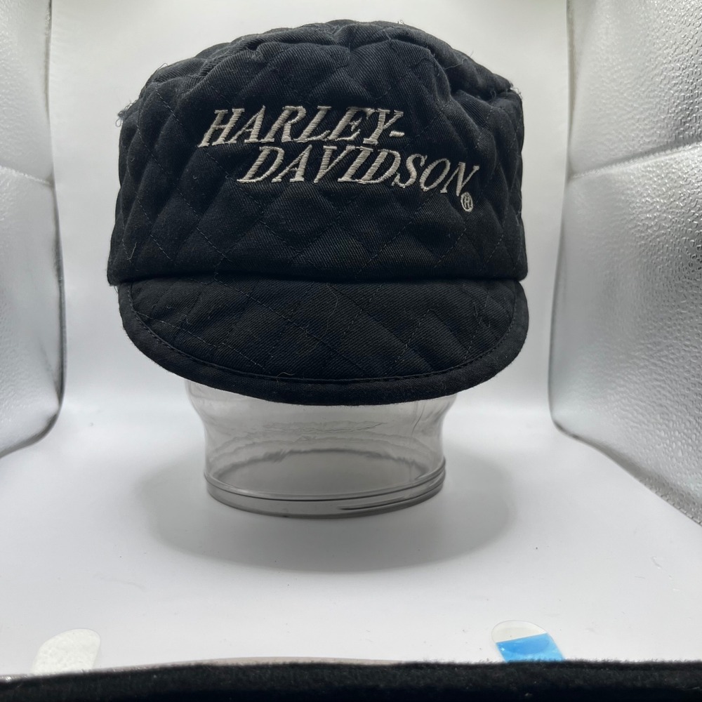 VTG Harley Davidson Cadet Hat Women L-XL Black Quilted Embroidered Biker Cap
